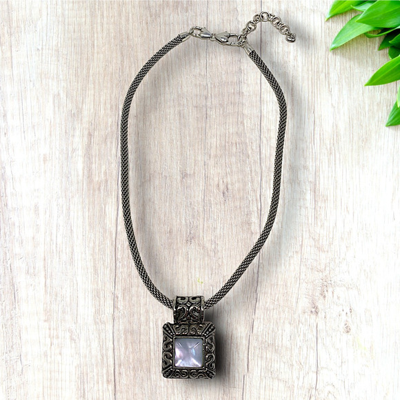 Vintage Y2K Brighton Chunky Mother of Pearl Crystal Square Pendant Necklace - Picture 1 of 7